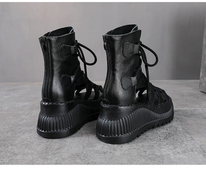 Detailed shot of the 8cm super high wedge heel on Koznoy Ankle Booties, offering a blend of comfort and elegance for stylish summer outfits.