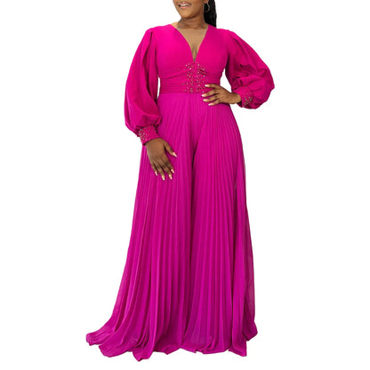 Elegant autumn dashiki jumpsuit for women showcasing a long sleeve v-neck design, perfect for fashionable plus sizes S-3XL in luxurious polyester fabric.