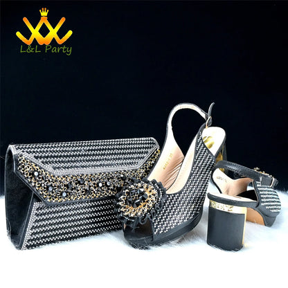 Chic matching green handbag set with elegant crystal details, perfect for pairing with women’s high-heel platform sandals for a luxurious wedding look.
