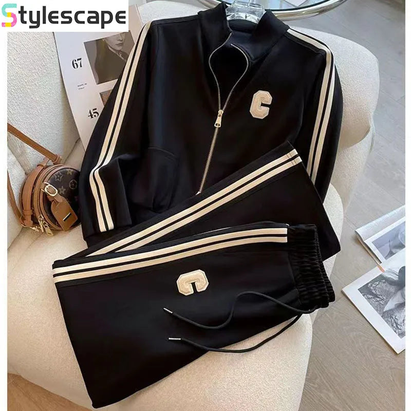 Luxury high-end women's autumn winter leisure two-piece sports set featuring wide-leg pants and embroidered coat, perfect for stylish casual occasions.