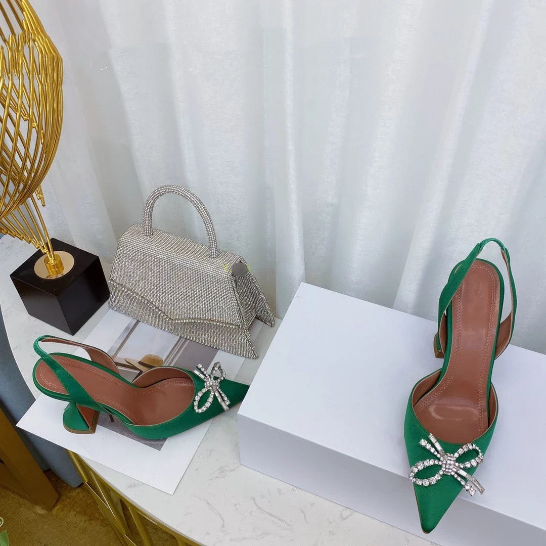 Luxury women's rhinestone bow stiletto heels sandals, featuring an elegant pointed toe design and super high 8cm thin heels, perfect for special occasions.