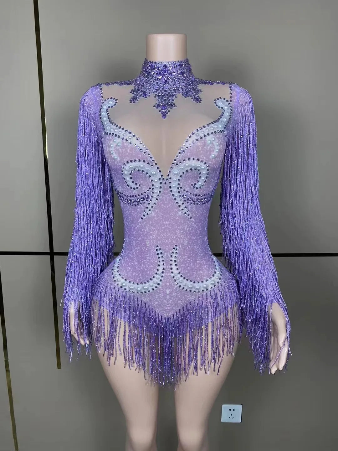 Close-up view of the delicate pearl accents adorning the luxurious women's cha-cha dance practice suit, adding a touch of glamour and sophistication.