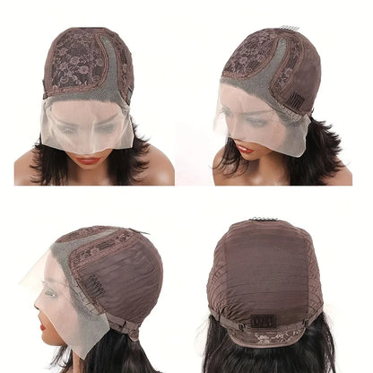 Detailed view of the straight texture and softness of the luxurious Brazilian human hair bob wig, perfect for stylish, high-end looks.