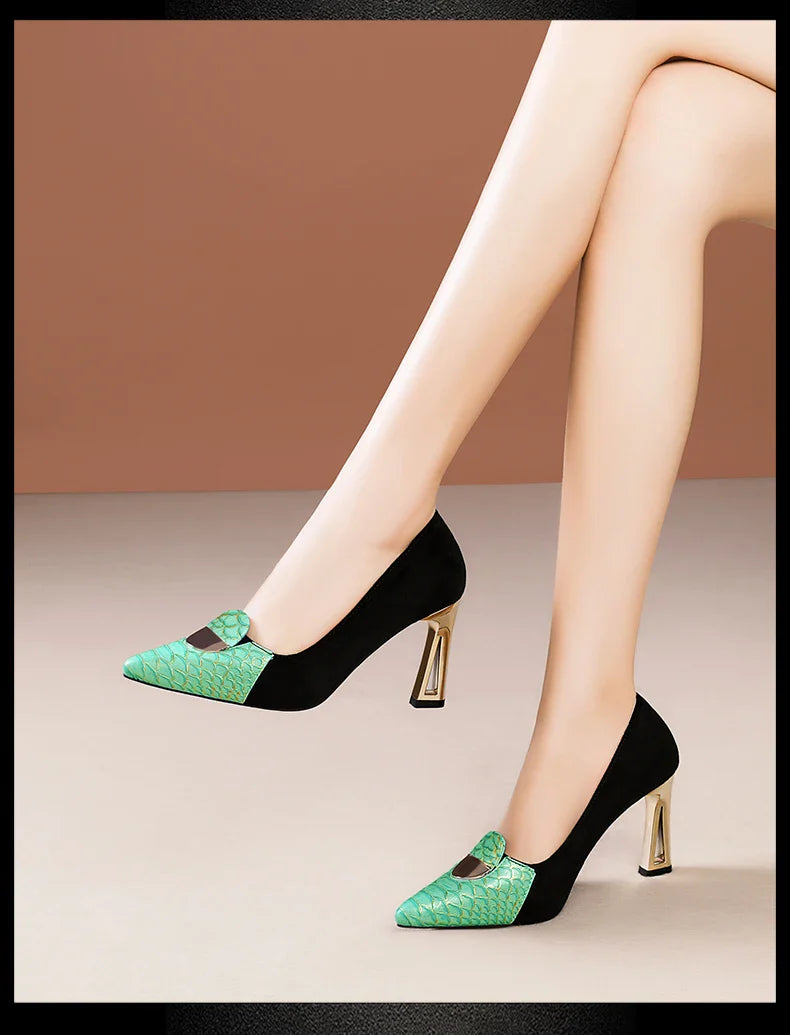 High-quality suede slip-on heeled shoes with elegant thin heels, perfect for dressing up any outfit and enhancing women's fashionable styles.