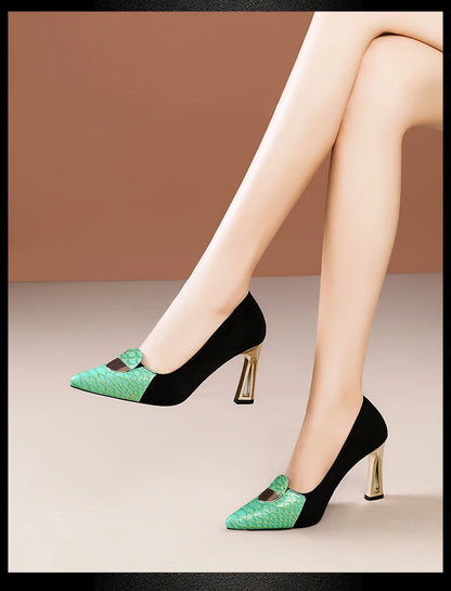 High-quality suede slip-on heeled shoes with elegant thin heels, perfect for dressing up any outfit and enhancing women's fashionable styles.