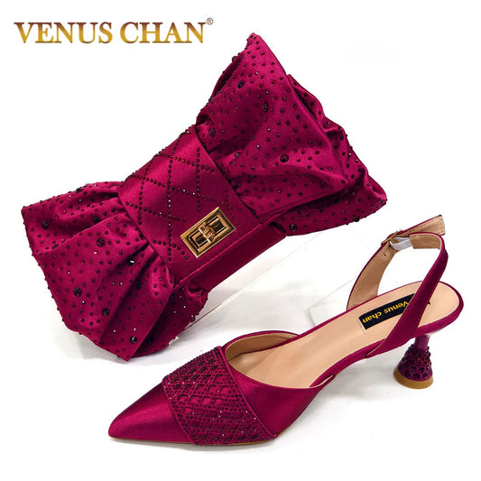 Elegant wine colour heeled shoes for Nigerian women featuring rhinestones, perfect for parties and weddings.