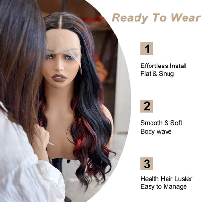 Detailed view of the ombre effect on the luxurious body wave wig, blending seamlessly from dark roots to honey blonde tips.