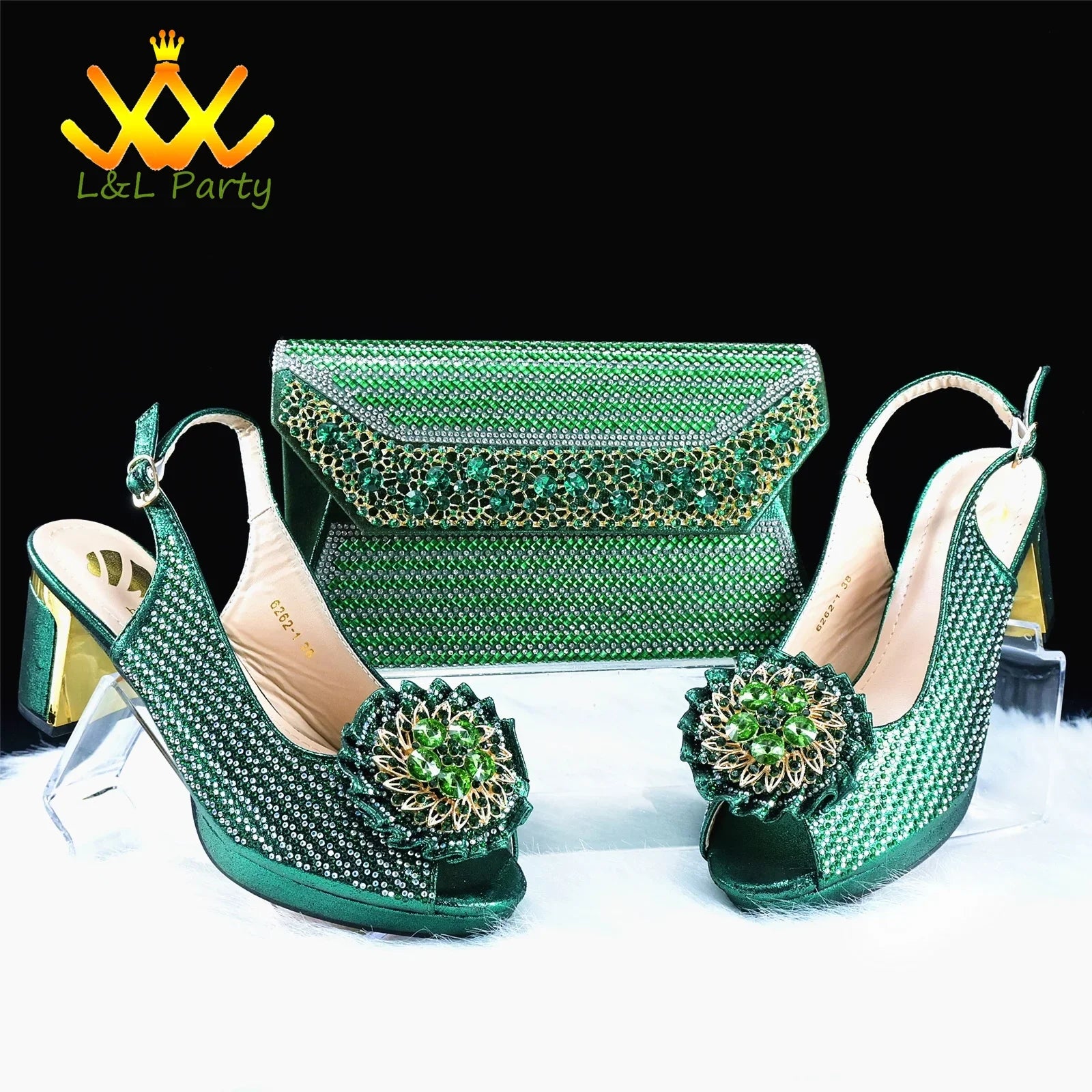 View of Italian women’s green crystal platform sandals styled with an elegant outfit, illustrating their versatility for spring and autumn.