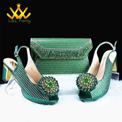 View of Italian women’s green crystal platform sandals styled with an elegant outfit, illustrating their versatility for spring and autumn.