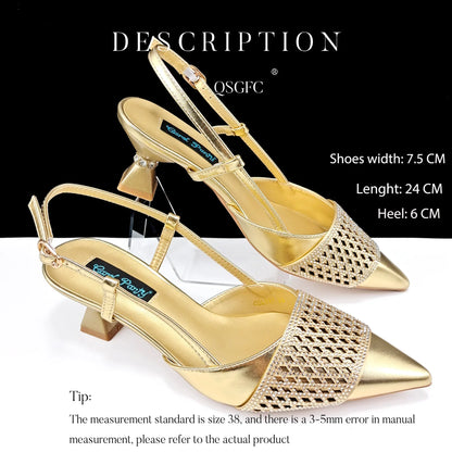 Elegant women's party shoes with rhinestone embellishments in black and gold, showcasing a high square heel for sophistication.