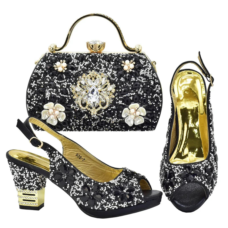 Luxury purple women's bag and shoe set, highlighting elegant design suitable for weddings and parties.