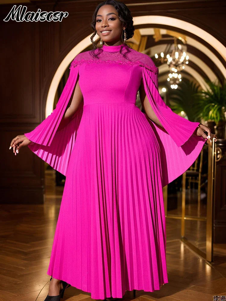 Mlaiscsr Women's Luxury A-Line Pleated Evening Dress with Cloak Sleeves, showcasing a sophisticated floral mesh patchwork design, perfect for formal occasions.