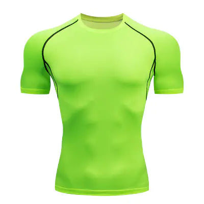 Vibrant green athletic short sleeve shirt for men, featuring breathable quick-dry spandex for ultimate comfort during workouts.