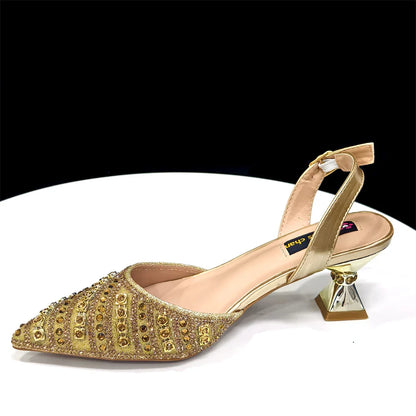Close-up of luxurious rhinestone detail on women's Italian high heel pump, perfect for special occasions.