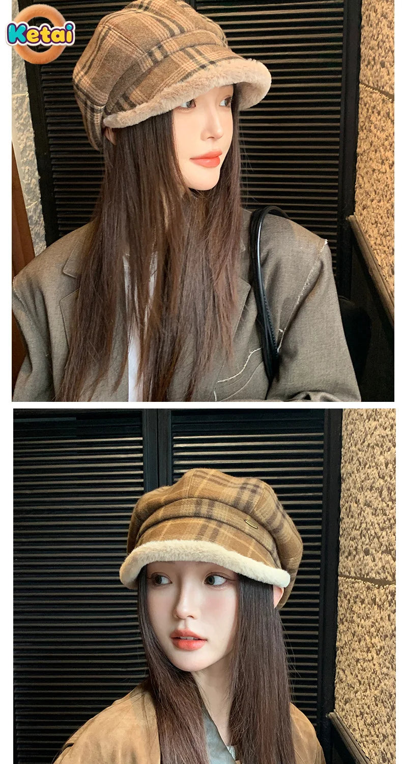 Fashionable women's octagonal plush hat ideal for autumn outdoor wear.