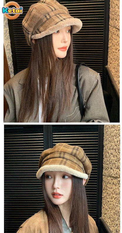 Fashionable women's octagonal plush hat ideal for autumn outdoor wear.