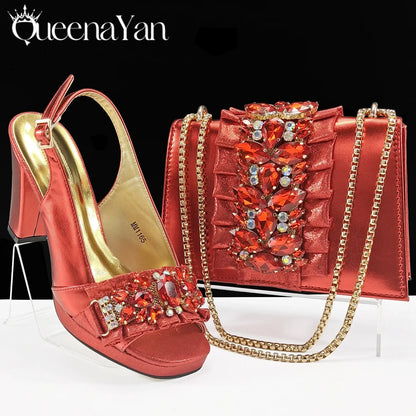 Stylish display of the complete set of gold high heels and matching handbag, demonstrating sophistication and a refined fashion statement.