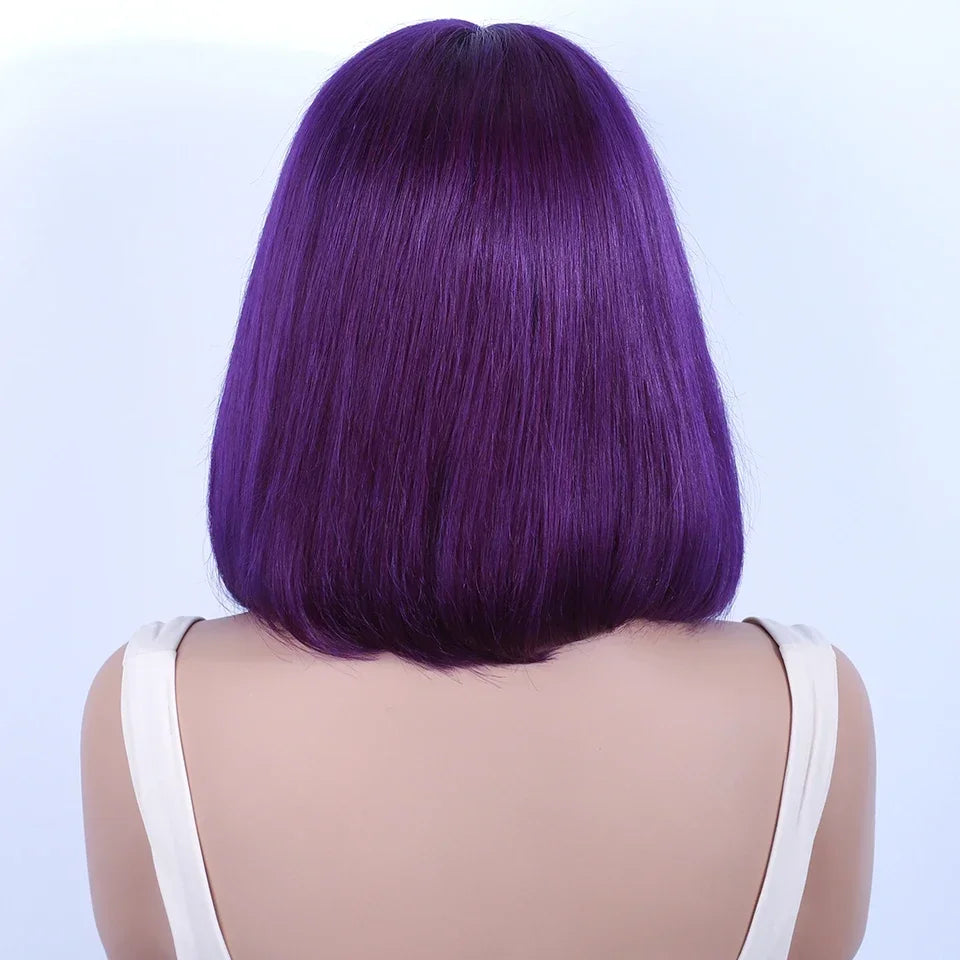 Stylish display of the Brazilian purple short straight lace bob wig on a mannequin, emphasising its rich colour and modern hairstyle.