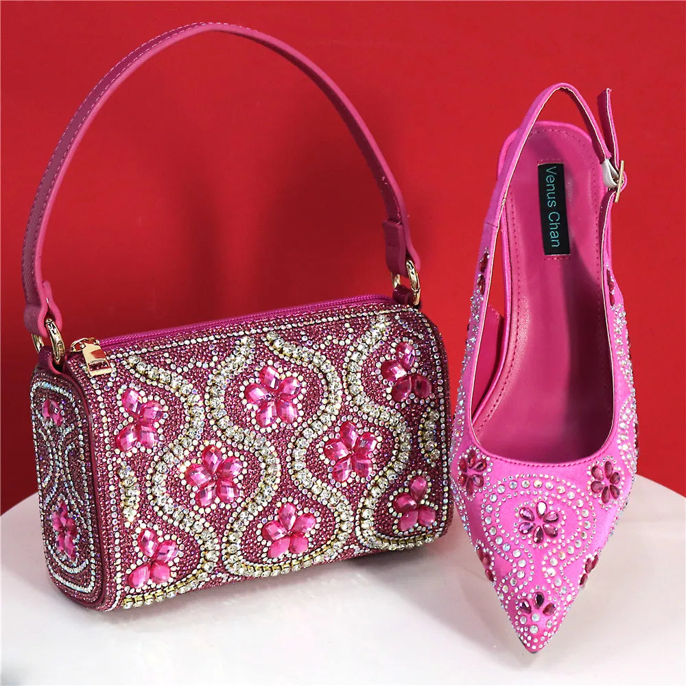 Fuchsia high heels paired with a matching bag, exemplifying perfect elegance for upscale events like weddings.