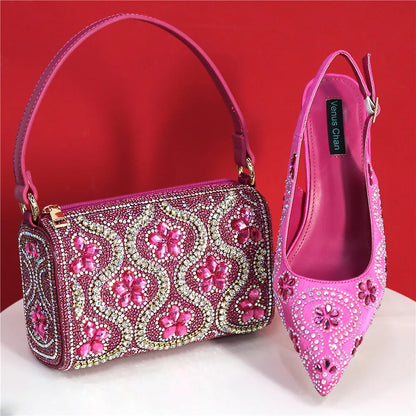 Fuchsia high heels paired with a matching bag, exemplifying perfect elegance for upscale events like weddings.