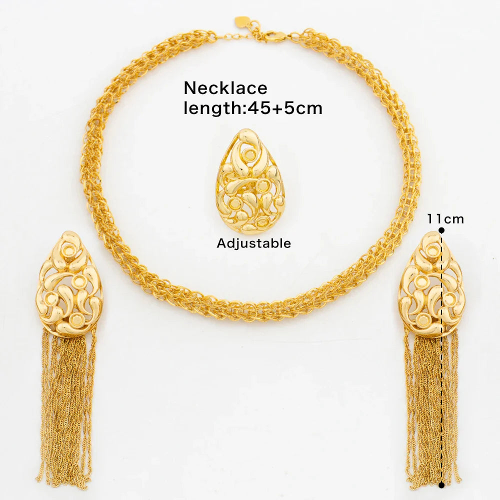 Luxury gold tassel earrings from a 3-piece African fashion jewelry set for women, showcasing exquisite craftsmanship and trendy design.