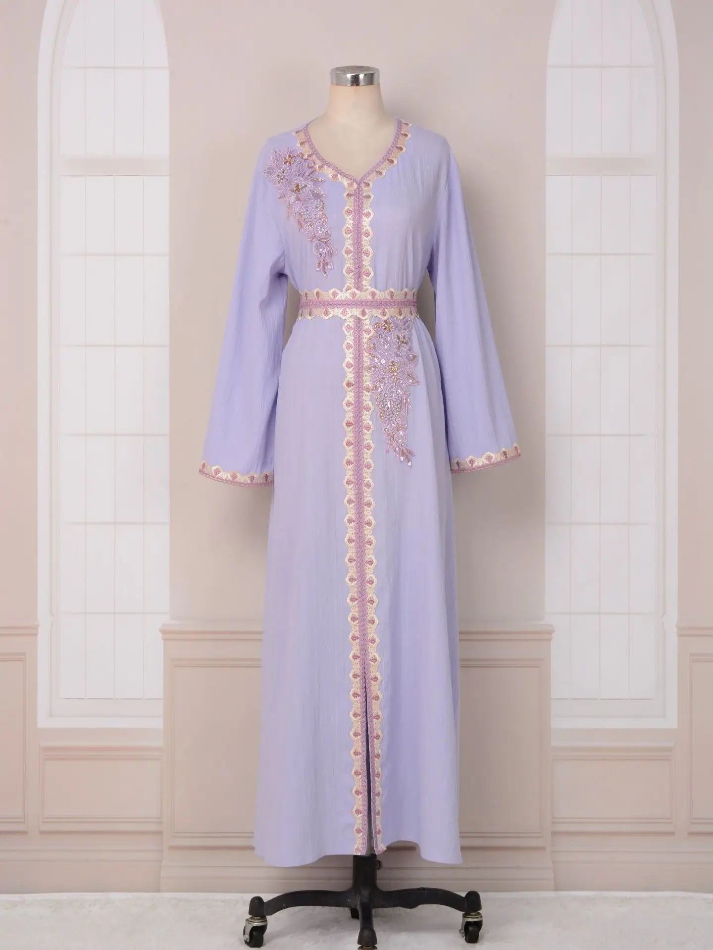 Elegant golden velvet Bat Sleeve abaya with sequins, exemplifying luxurious Muslim fashion for Ramadan.