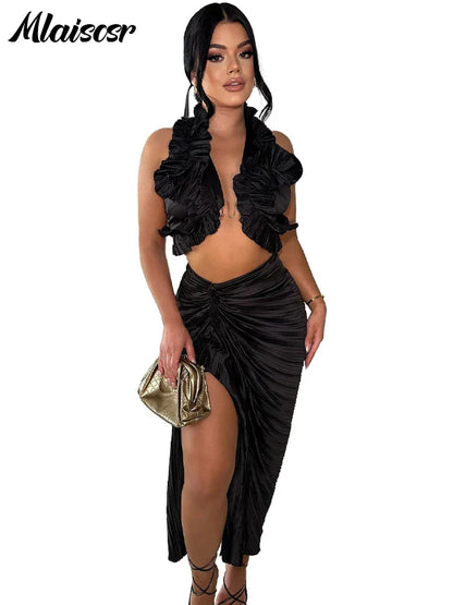 Mlaiscsr Elegant Black Dress Set featuring a sexy crop top and pleated split skirt, perfect for women seeking a stylish outfit for evening events or clubbing.