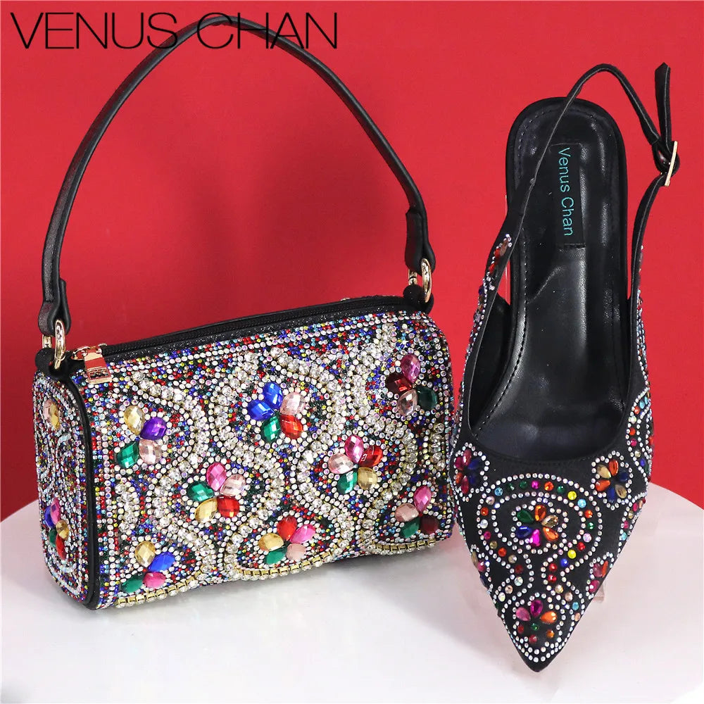 Elegant fuchsia high heels with rhinestone toe detail, part of a luxurious women's shoe and bag set, designed for comfort and style, perfect for formal occasions.