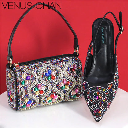 Elegant fuchsia high heels with rhinestone toe detail, part of a luxurious women's shoe and bag set, designed for comfort and style, perfect for formal occasions.