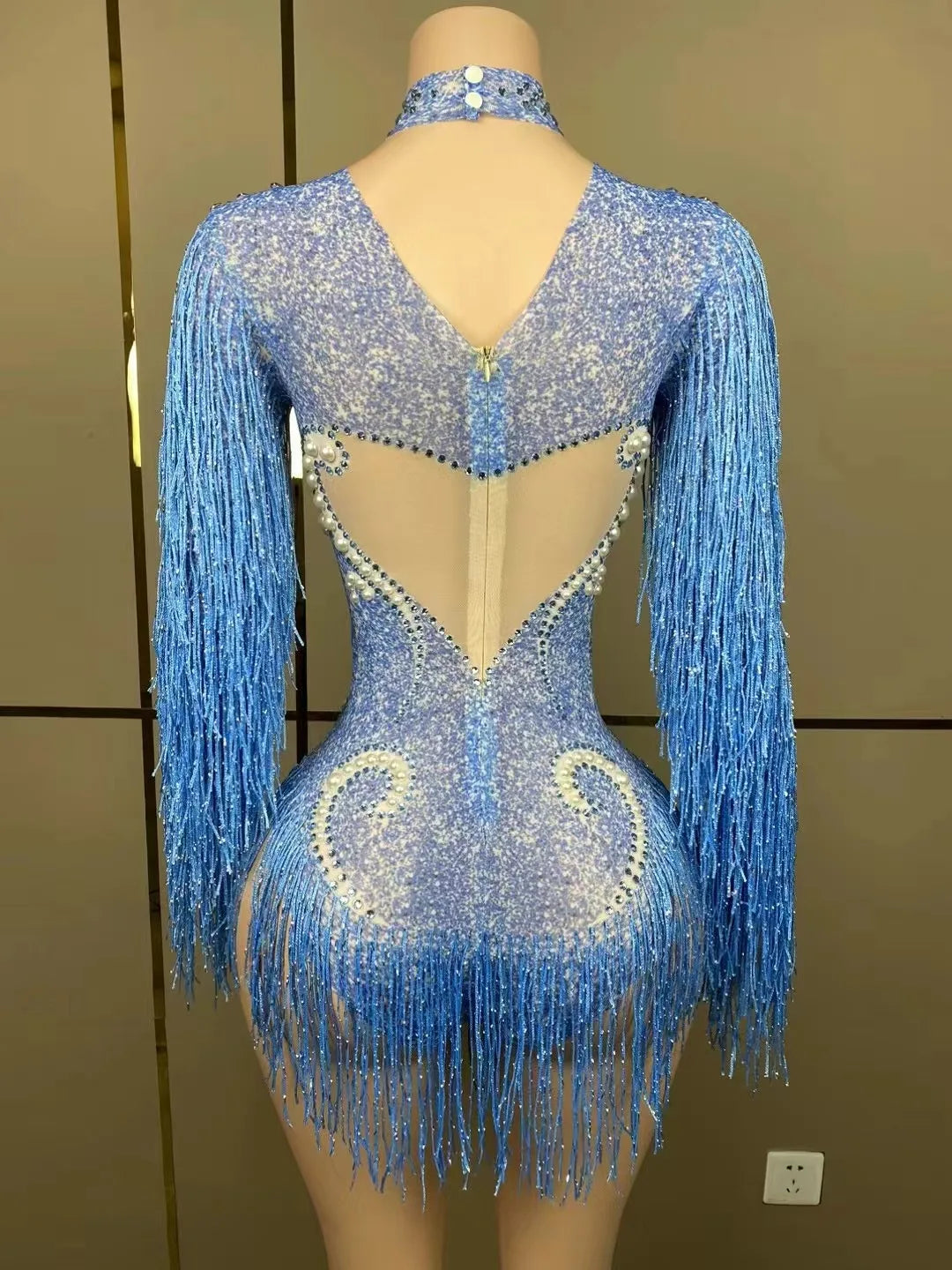Stunning display of the luxury cha-cha dance practice suit, emphasizing the quality fabric and intricate design perfect for dance performances.