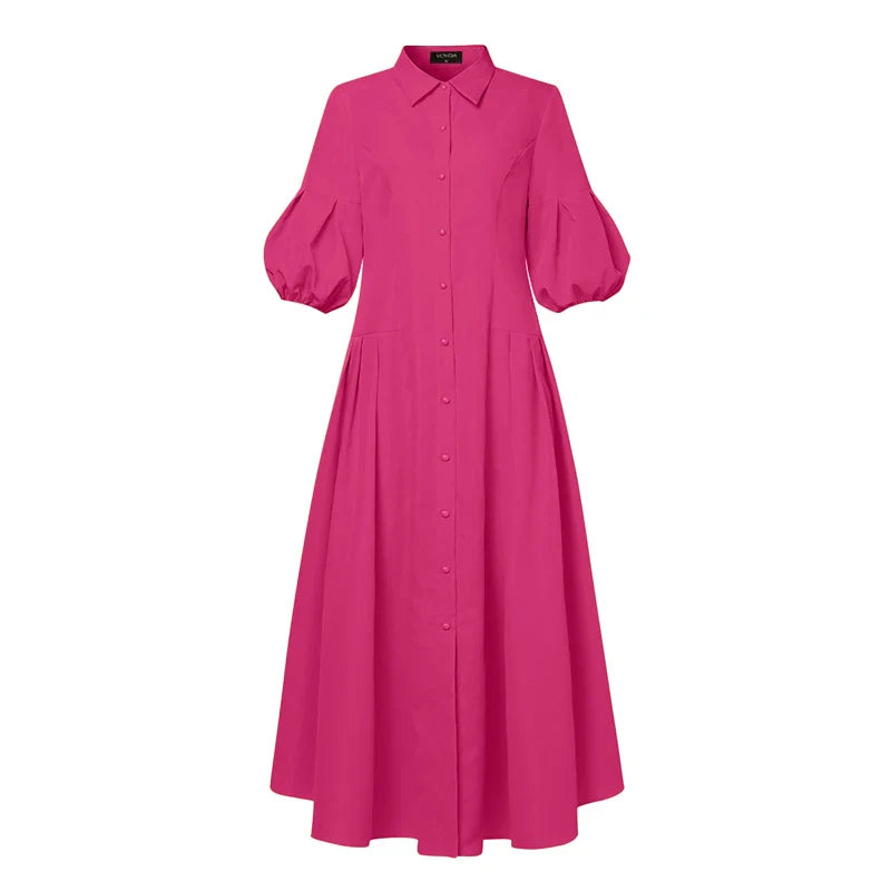 Trendy ankle-length swing dress for women, showcasing the VONDA brand's elegant design with a loose fit and turn-down collar in a premium polyester fabric.