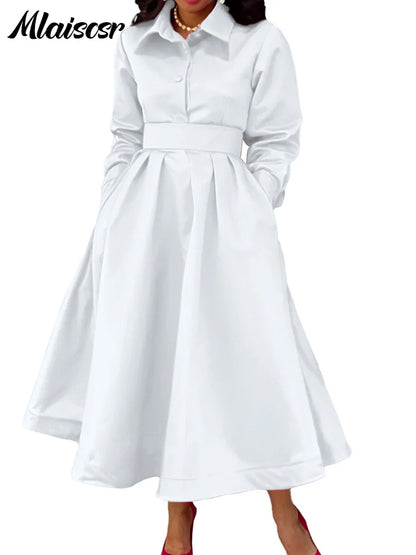 Full view of the Mlaiscsr Elegant Midi Dress in Khaki, featuring a turn-down collar and flattering A-line silhouette, ideal for autumn/winter fashion.