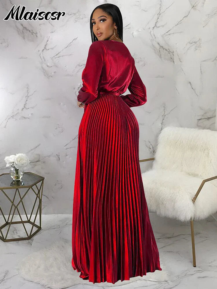 Back view of Mlaiscsr Women's Elegant V-Neck Dress, featuring a beautifully draped design and an empire waistline for a flattering fit.