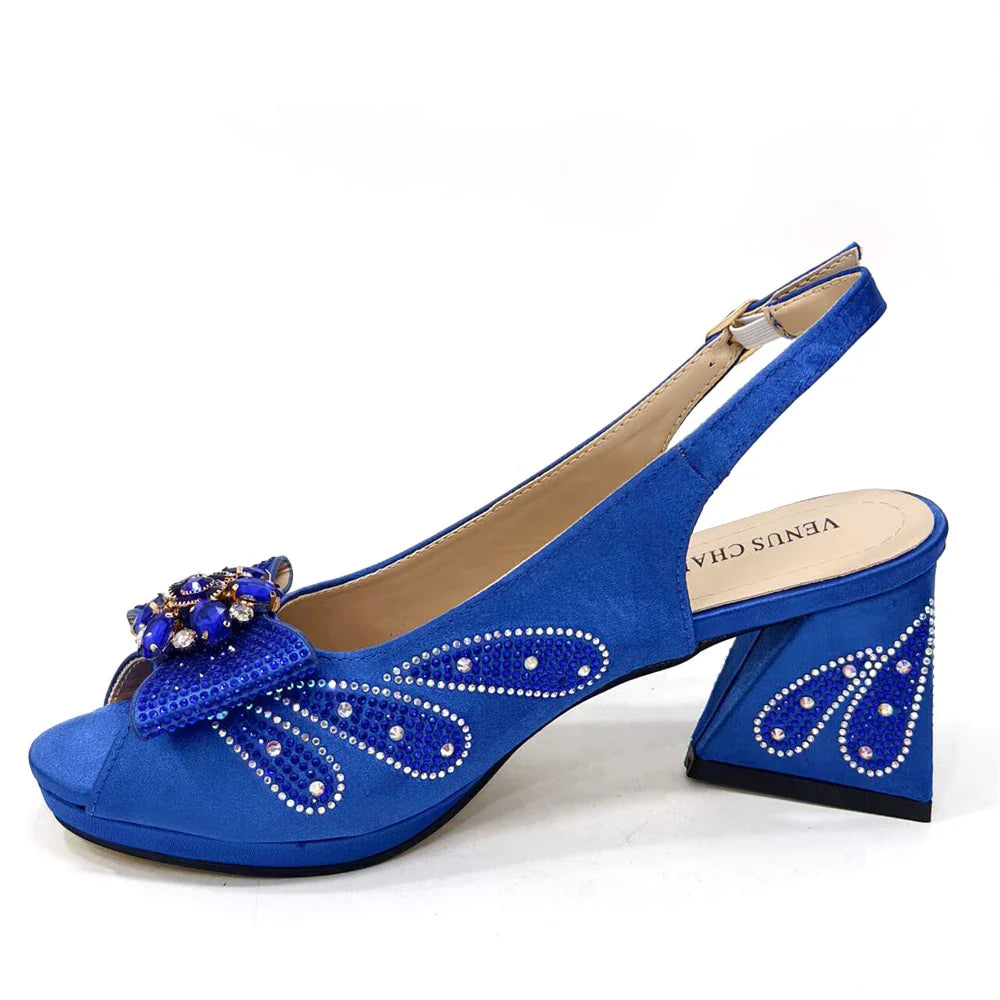 Close-up of the luxurious Venus Chan Peep Toe High Heels, highlighting the exquisite butterfly-knot design and glimmering rhinestones, tailored for fashionable women.