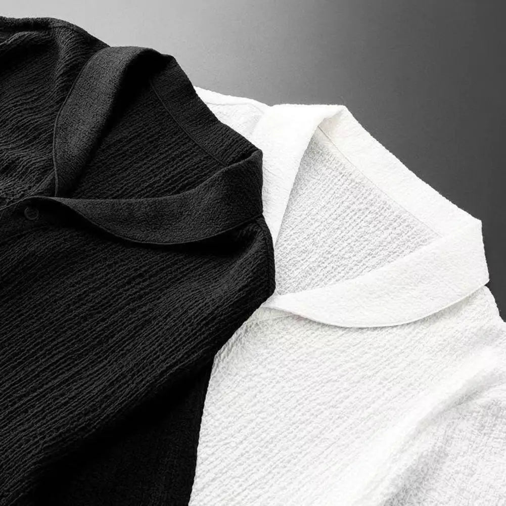 Luxury summer two-piece men's outfit showcasing a stylish short-sleeve shirt and soft long pants with elastic waist, ideal for casual occasions.