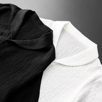 Luxury summer two-piece men's outfit showcasing a stylish short-sleeve shirt and soft long pants with elastic waist, ideal for casual occasions.