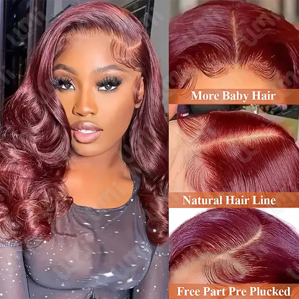 Model wearing a beautiful Burgundy 99J body wave short bob lace frontal wig, highlighting its pre-plucked hairline and stunning style.