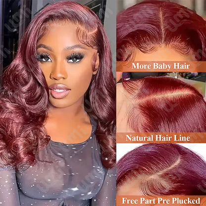 Model wearing a beautiful Burgundy 99J body wave short bob lace frontal wig, highlighting its pre-plucked hairline and stunning style.