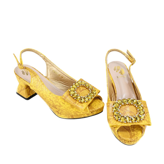 Stylish high heel pumps with a square heel, perfect for summer weddings, showcasing exquisite design in a vibrant yellow.