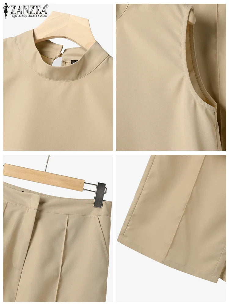 Stylish women's matching sets in a solid pattern, perfect for a polished and professional summer appearance.