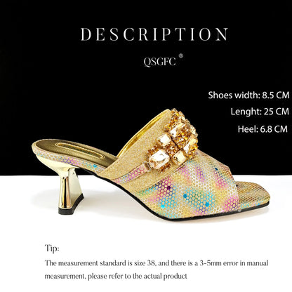 Trendy QSGFC gold high heel pump featuring a fashionable ankle strap, highlighting its chic design and comfortable fit, suitable for spring and autumn.