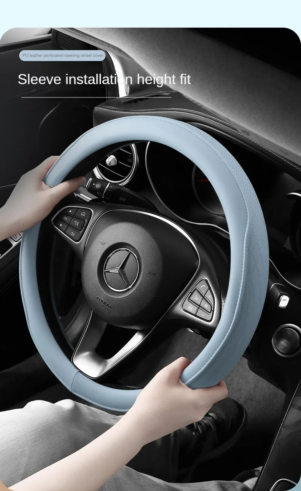 Stylish non-slip Napa leather steering wheel cover featuring a unique patchwork design, ideal for luxury vehicle enhancement.