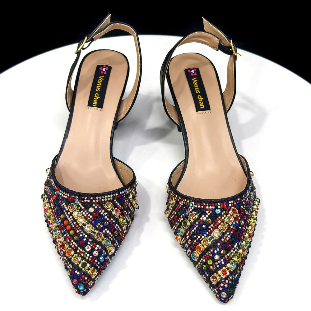 Matching handbag and rhinestone heel set for women, crafted for elegance and comfort, perfect for weddings and special celebrations.