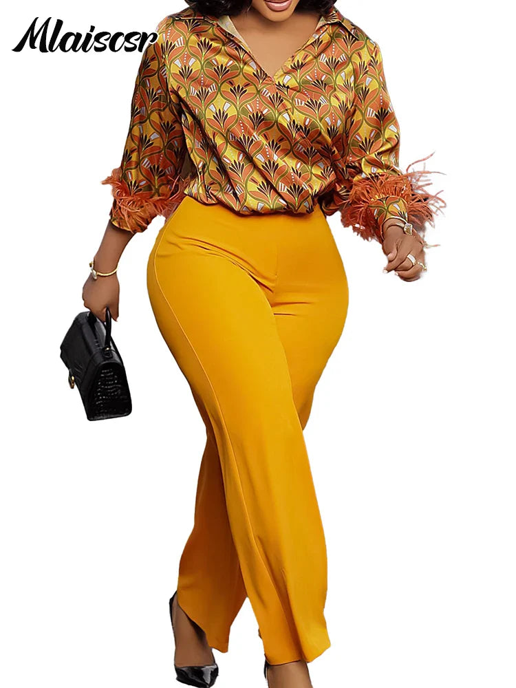 Elegant office outfit styled with the Mlaiscsr Feather Print Top and Wide Leg Pants, embodying sophistication and modern femininity.