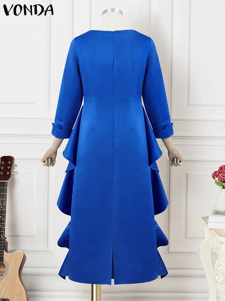 Versatile Elegant Plus Size Maxi Dress by VONDA displayed in multiple angles, demonstrating its ruffled design and comfortable three-quarter sleeves, suitable for any occasion.