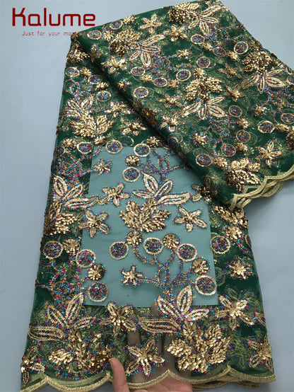 Exquisite Kalume African lace fabric featuring shimmering sequins, ideal for luxurious party and wedding attire, measuring 5 yards in length.