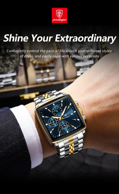 Luxury men's luminous waterproof chronograph wristwatch with square stainless steel case and quartz movement, featuring a 40mm dial.