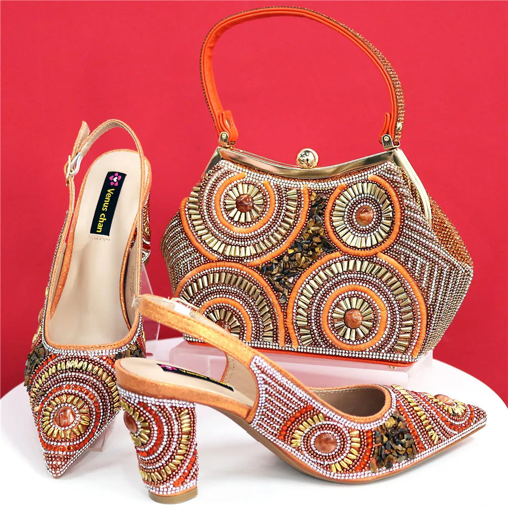 Glamorous Blue Pointed Toe Pumps with Crystal Details and a Stylish Handbag, Ideal for Elegant Evening Gatherings.