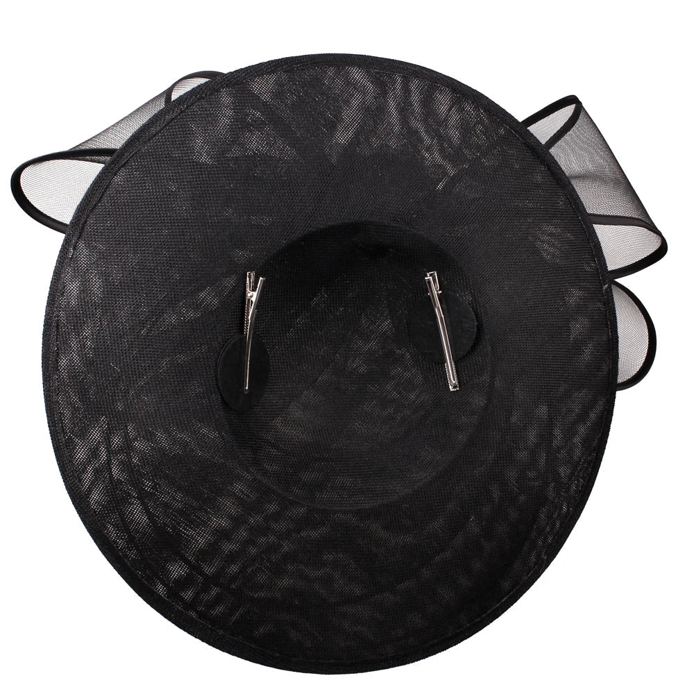 Elegant large fascinator hat for women, adorned with floral accents, perfect for cocktail and church events.