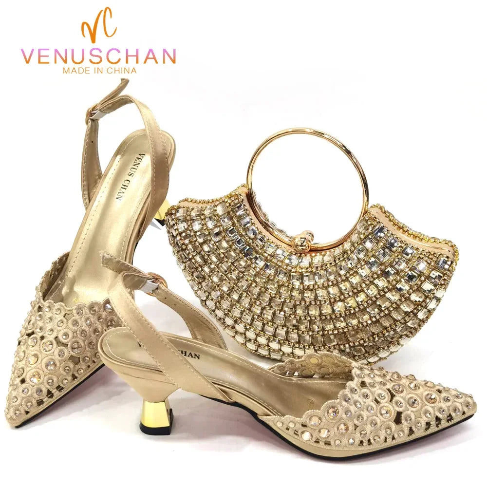 Elegant Venus Chan high heel party shoes adorned with luxurious gold rhinestones, perfect for women's special occasions.